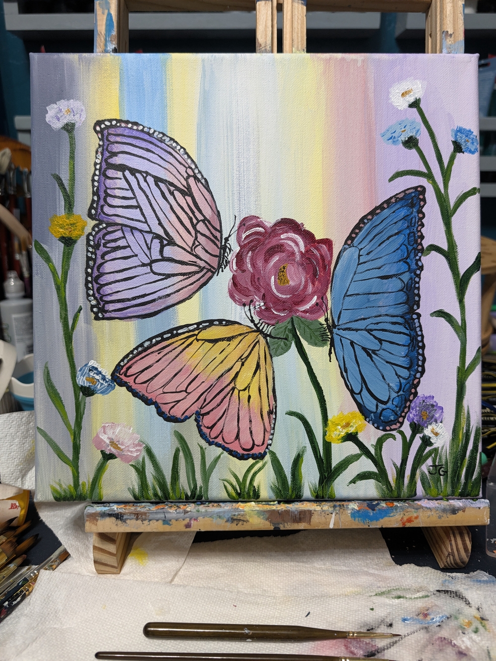 12x12 Hand-Painted Butterfly Garden Canvas Wall Art - Multicolor
